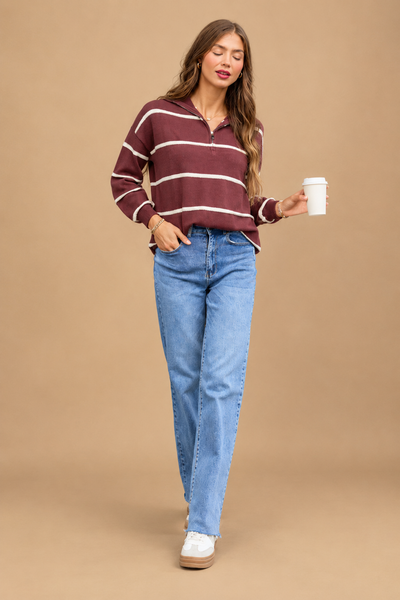 Jersey Burdeos de Rayas con Media Cremallera Estilo Oversize