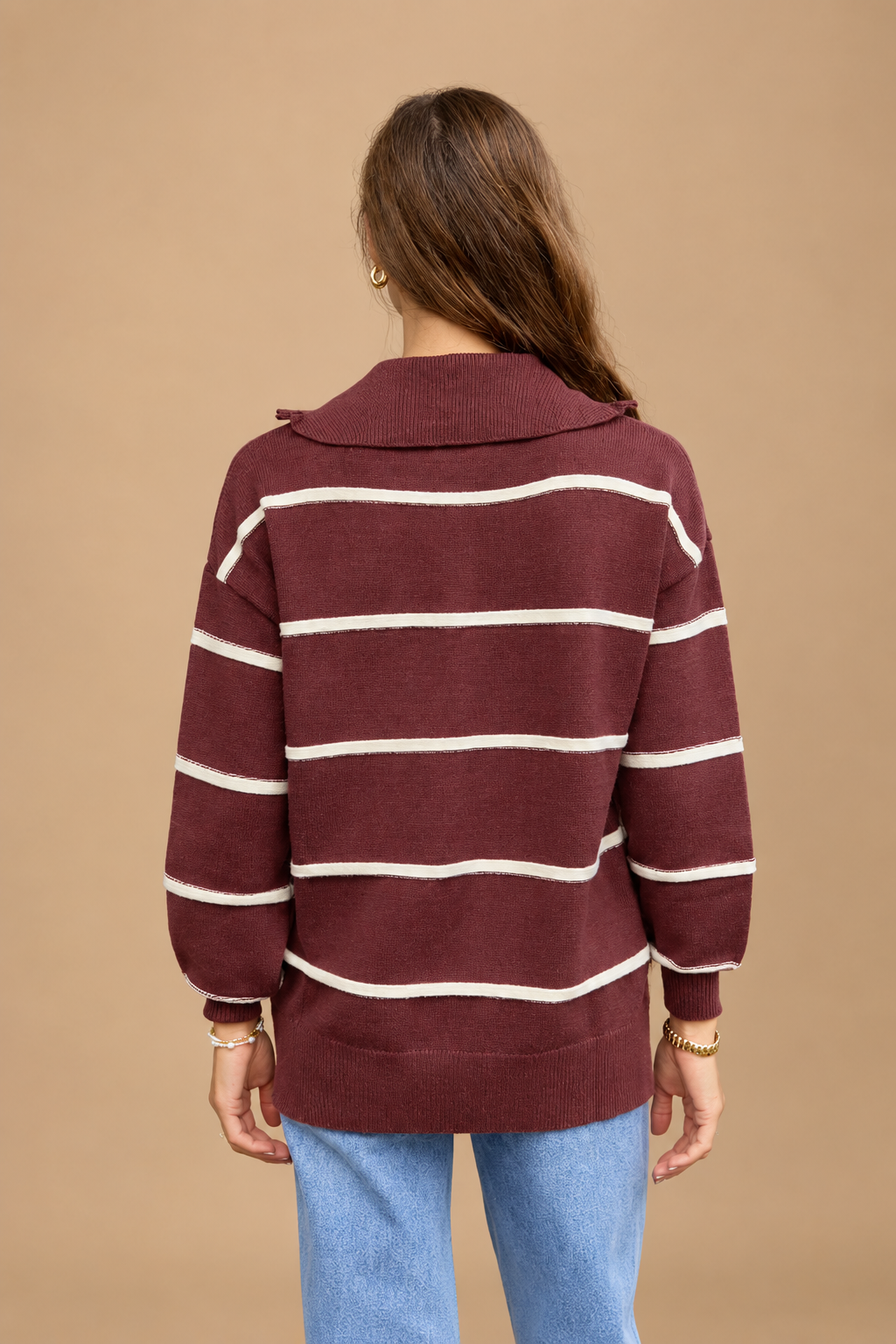 Jersey Burdeos de Rayas con Media Cremallera Estilo Oversize