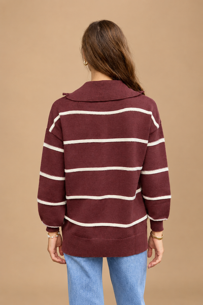 Jersey Burdeos de Rayas con Media Cremallera Estilo Oversize