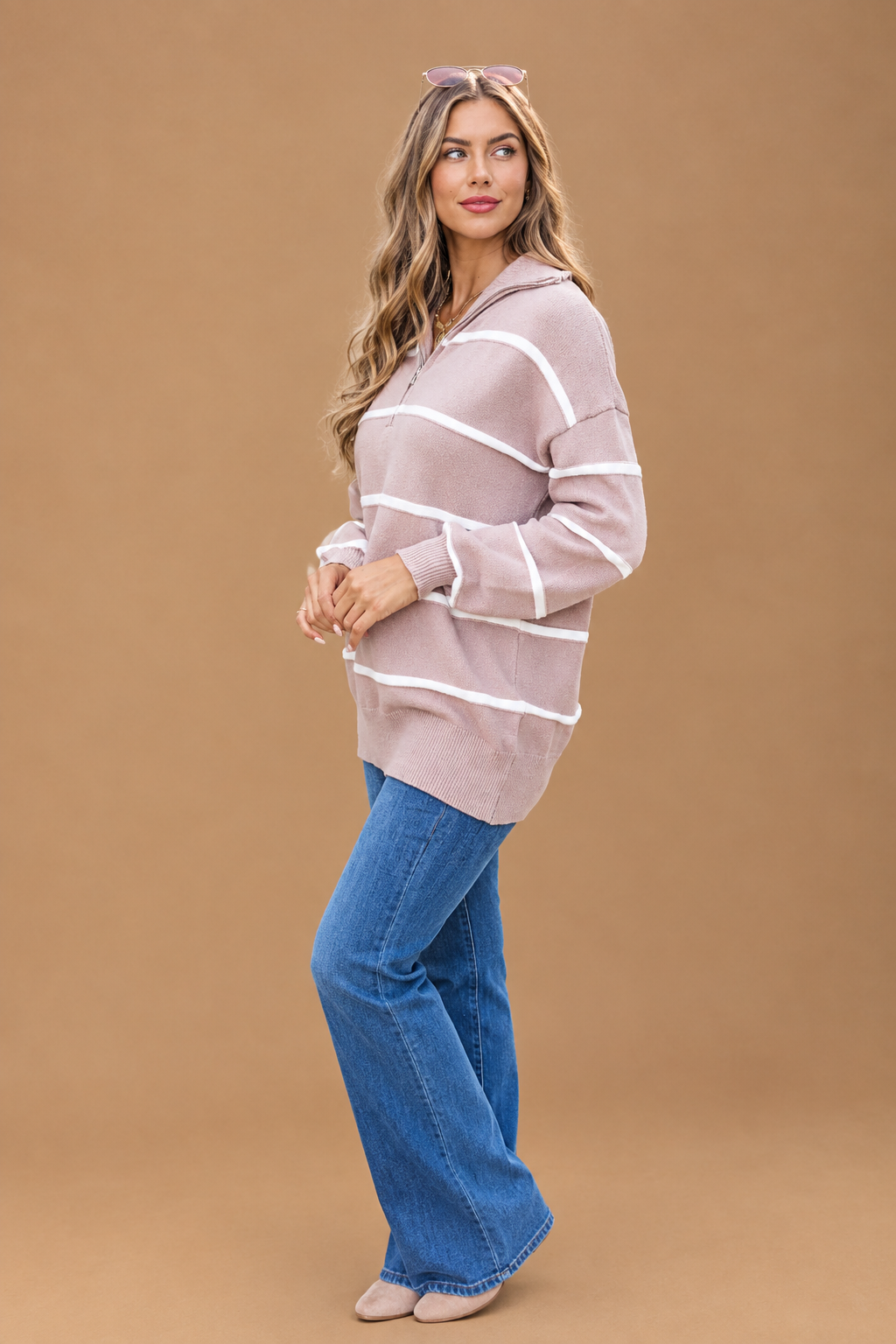 Jersey Beage de Rayas y con Cremallera