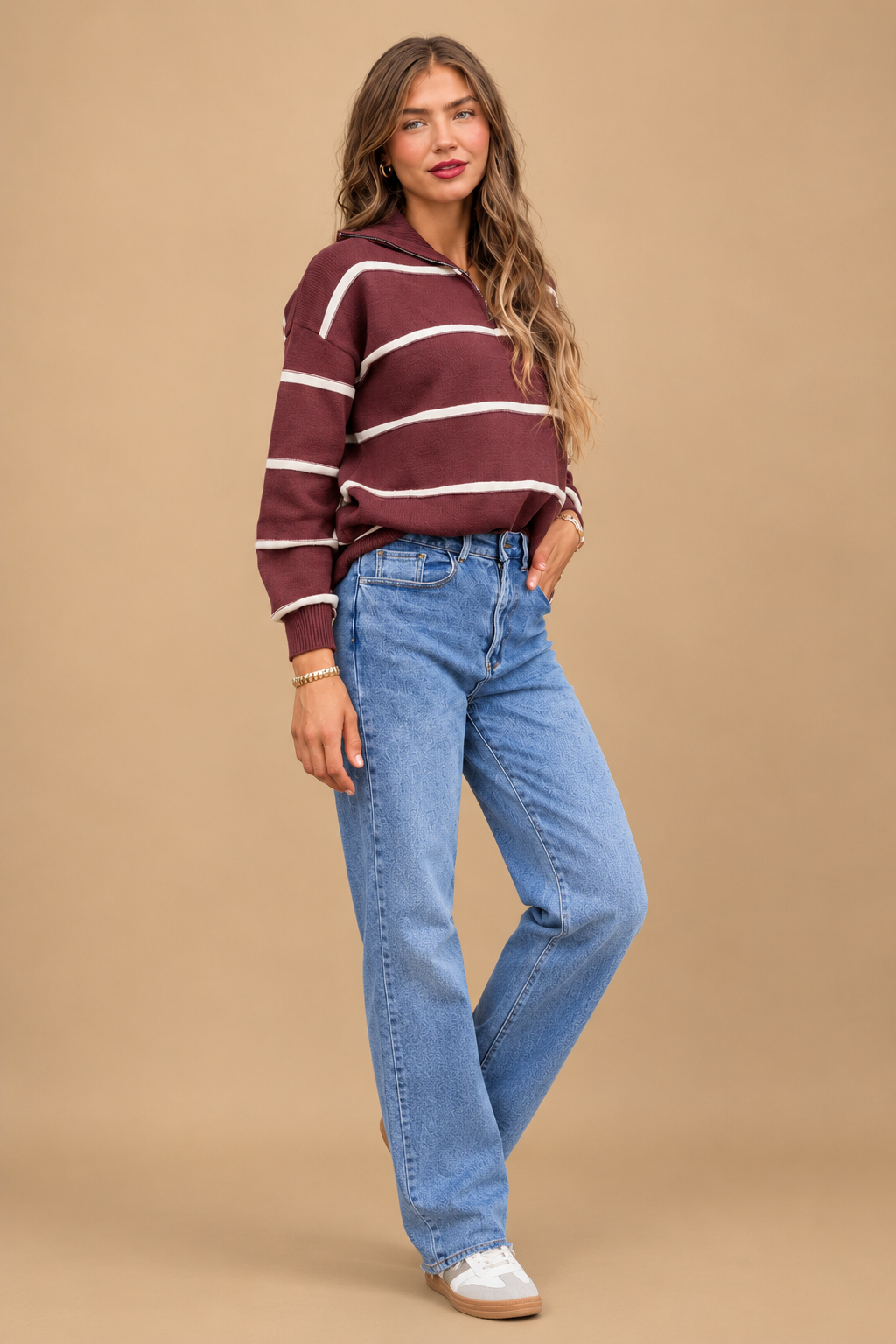 Jersey Burdeos de Rayas con Media Cremallera Estilo Oversize