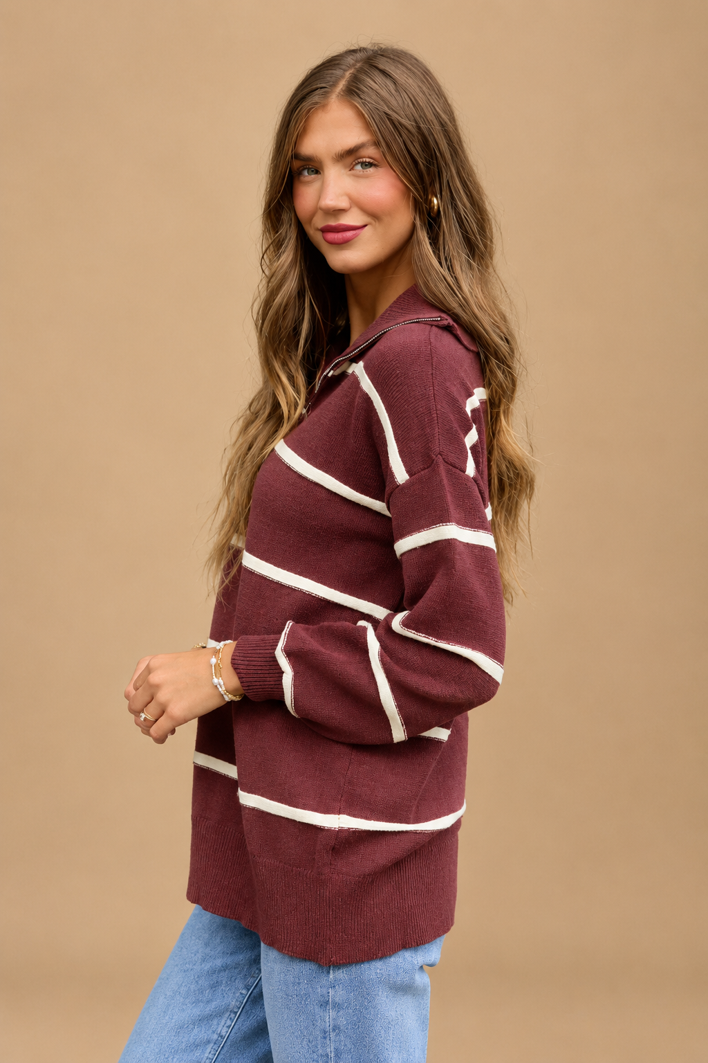 Jersey Burdeos de Rayas con Media Cremallera Estilo Oversize